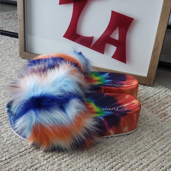Faux Fur Tie Dye Platform Slides Blue Multi - Picture 6 of 12